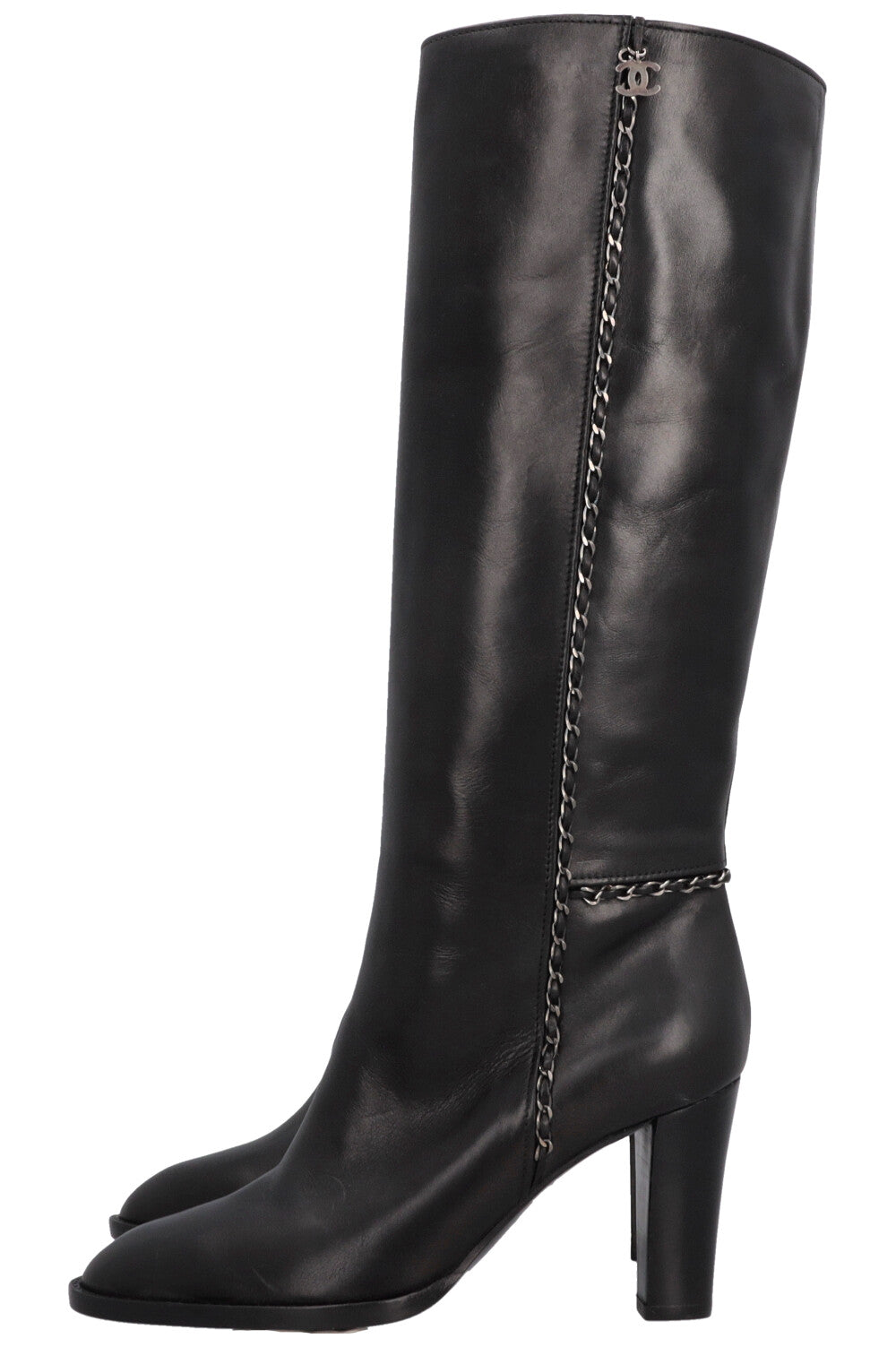 CHANEL CC Chain Knee High Boots Black Leather