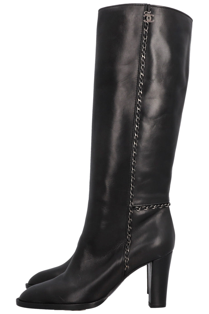 CHANEL CC Chain Knee High Boots Black Leather