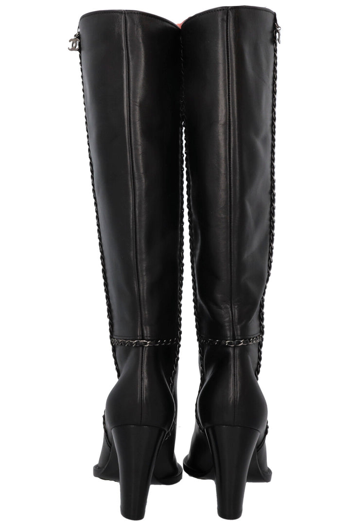 CHANEL CC Chain Knee High Boots Black Leather