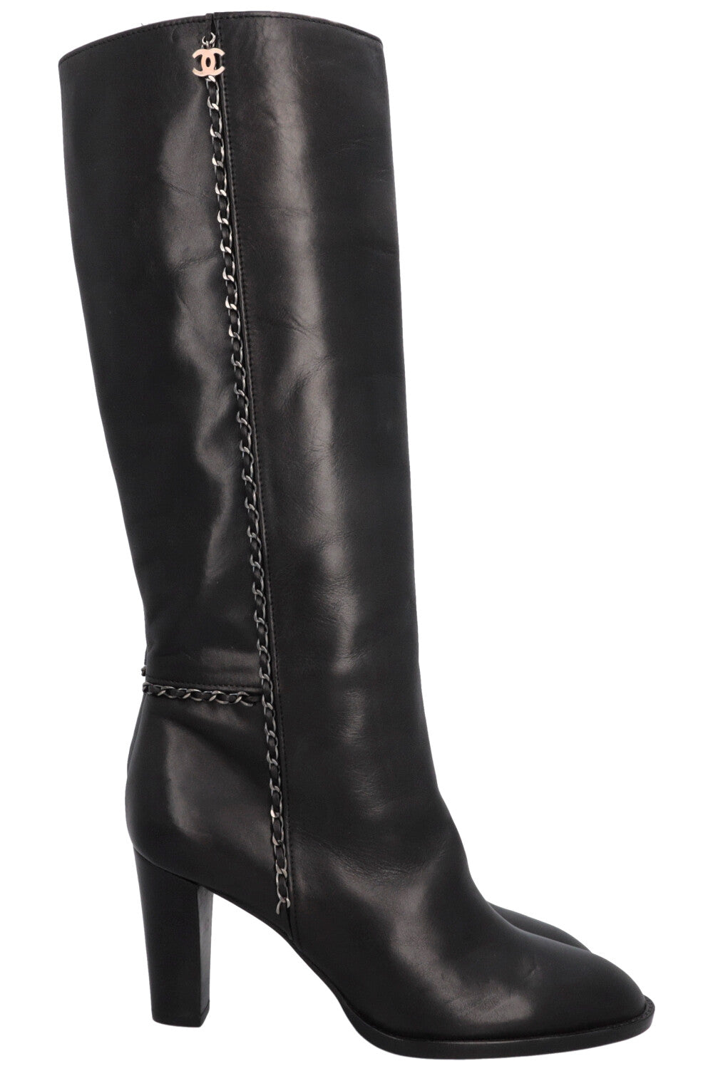 CHANEL CC Chain Knee High Boots Black Leather