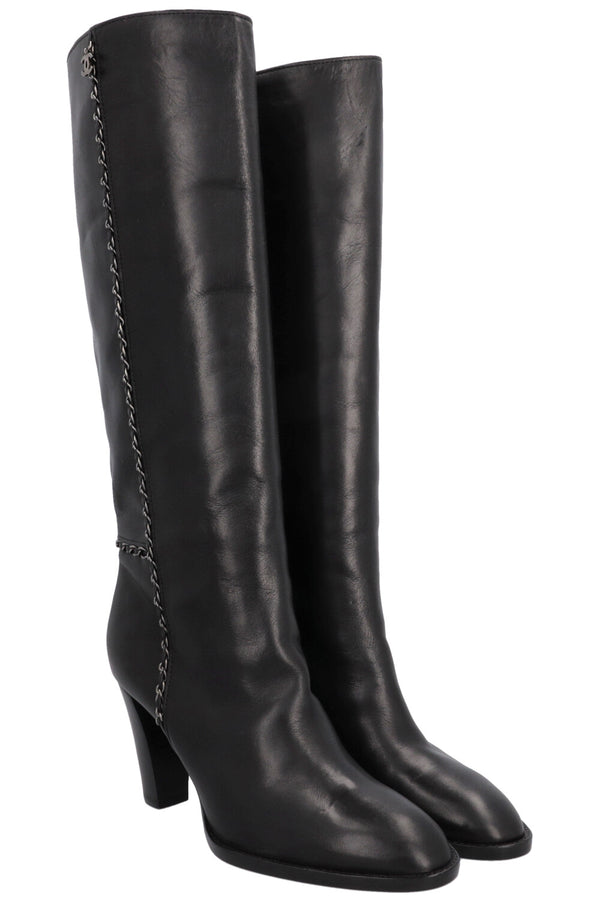 Bottes hautes CHANEL CC Chain en cuir noir