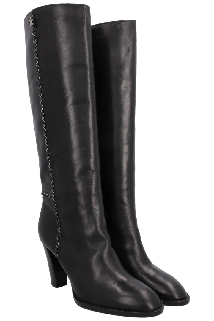 CHANEL CC Chain Knee High Boots Black Leather