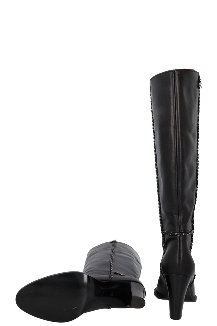 CHANEL CC Chain Knee High Boots Black Leather