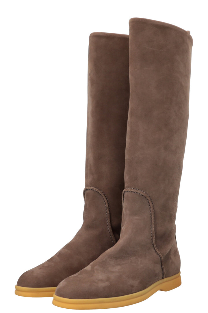 LORO PIANA Open Walk Knee High Boots Suede Grey