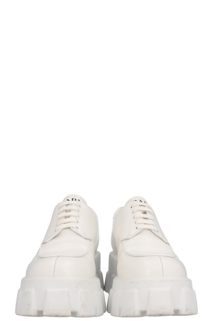 PRADA Monolith Plateau Lace Up Loafers White