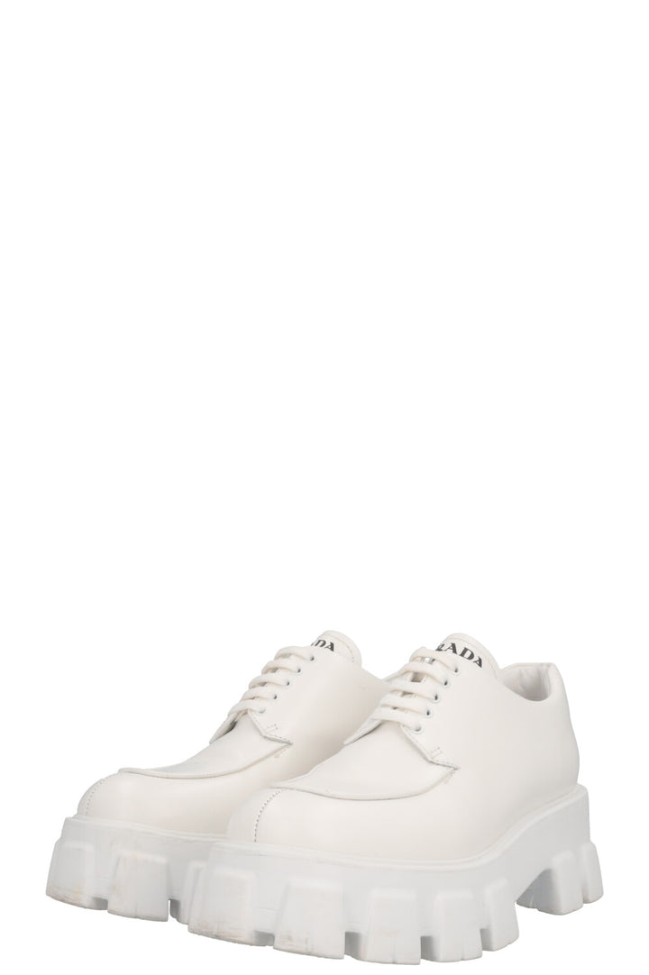 PRADA Monolith Plateau Lace Up Loafers White