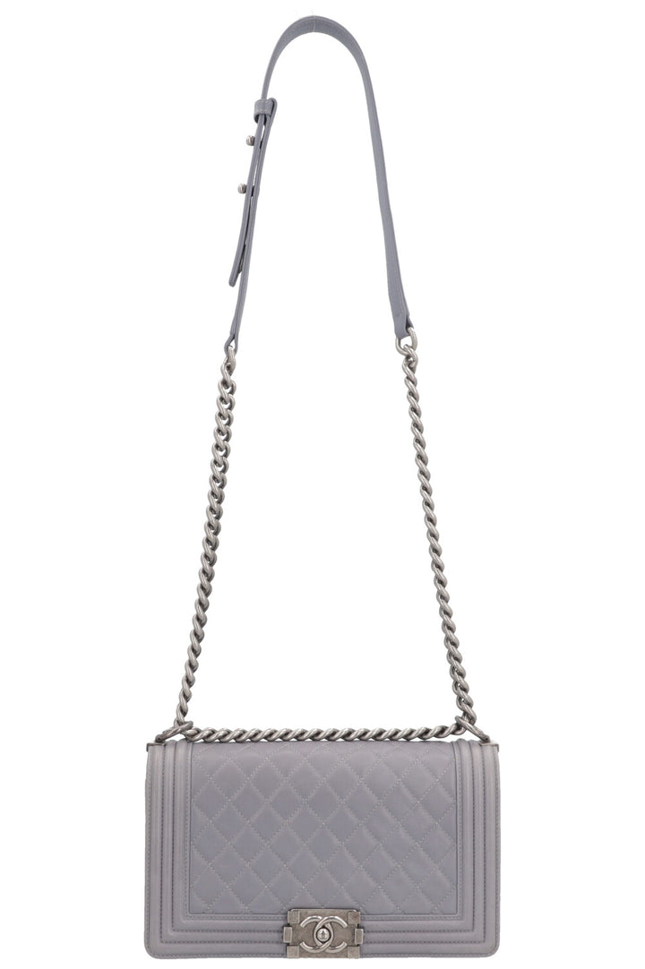 CHANEL Old Medium Boy Bag Leather Grey