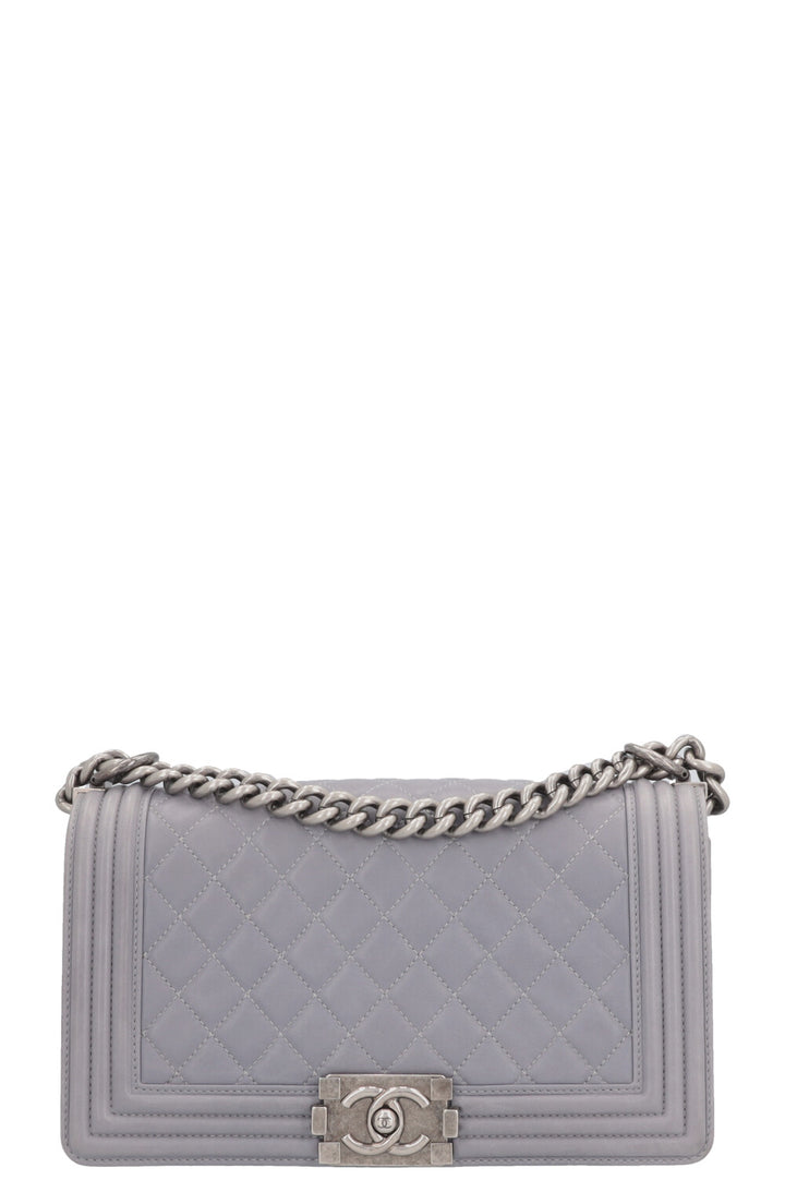 CHANEL Old Medium Boy Bag Leather Grey