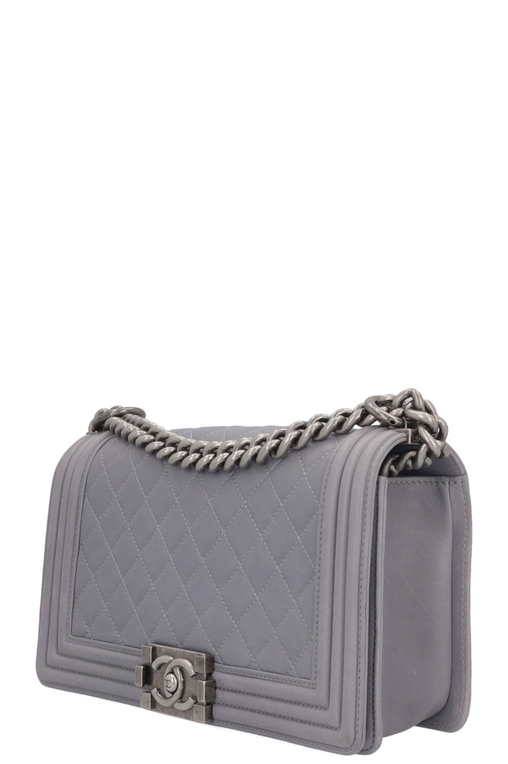 CHANEL Old Medium Boy Bag Leather Grey