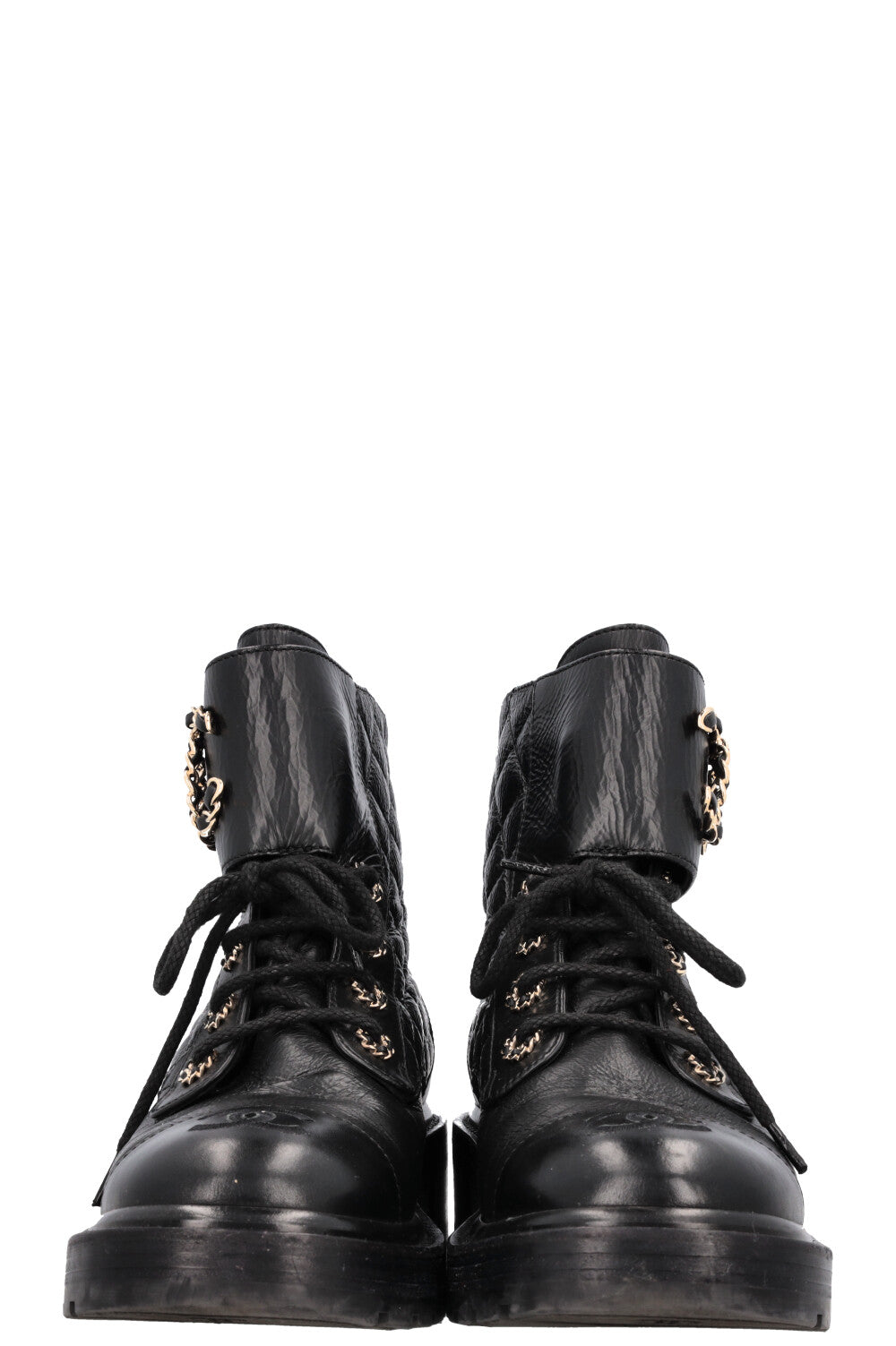 CHANEL CC Lace Up Combat Boots Black