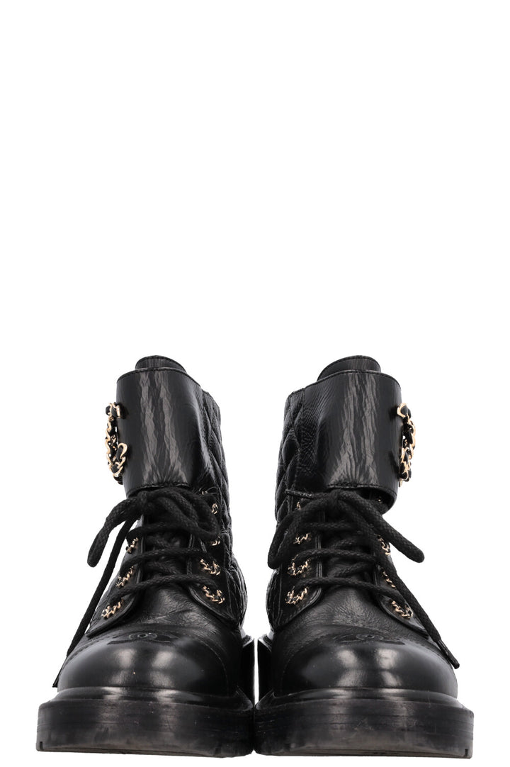 CHANEL CC Lace Up Combat Boots Black