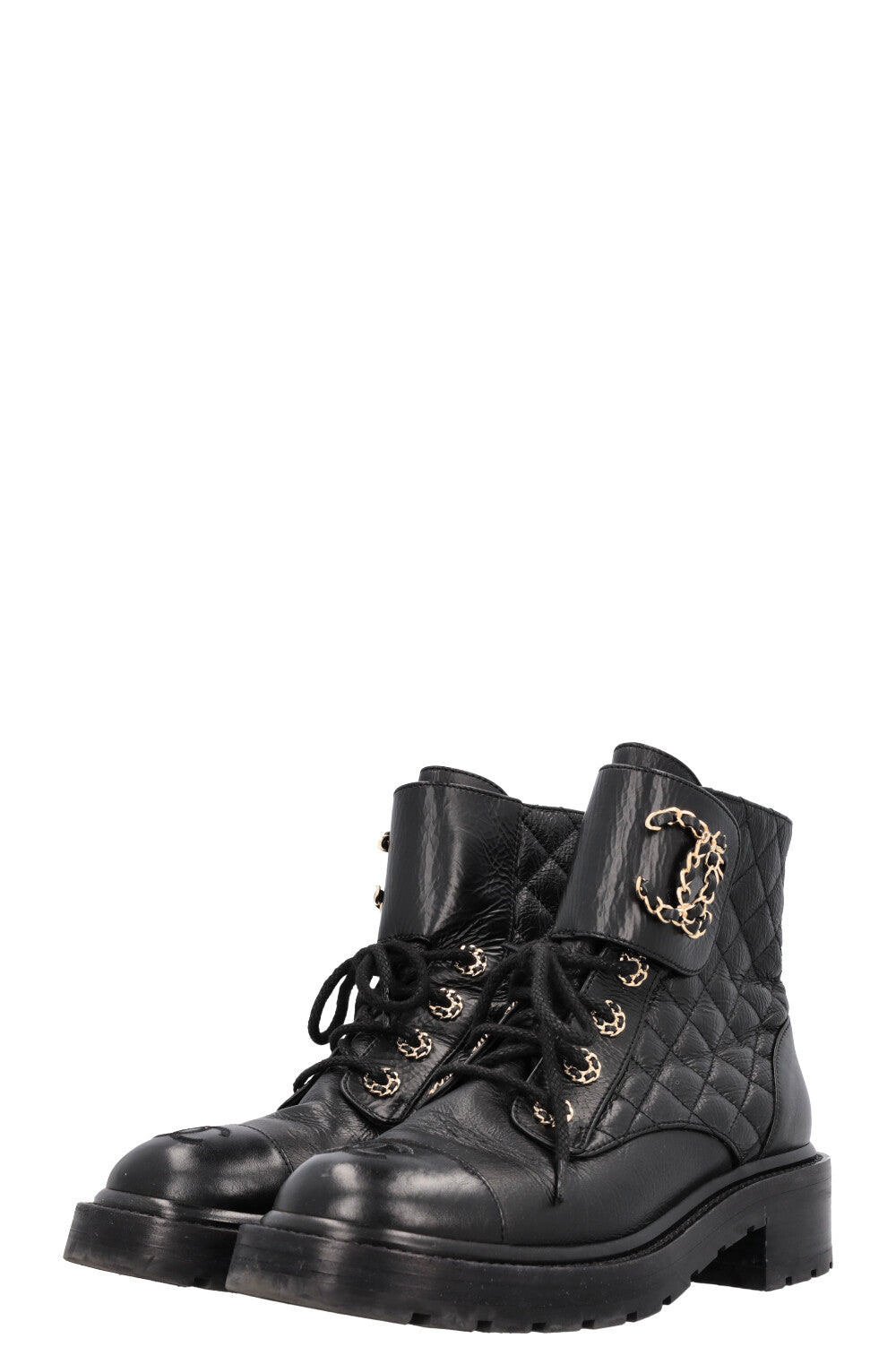 CHANEL CC Lace Up Combat Boots Black
