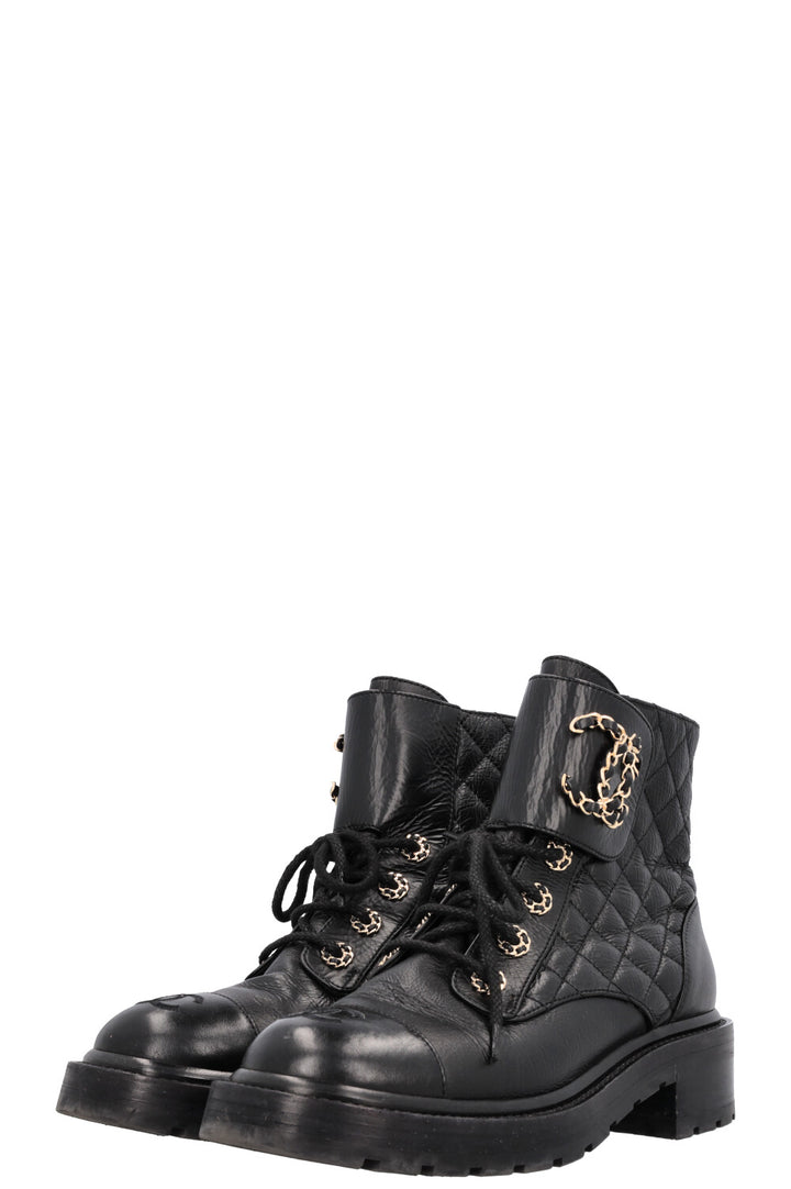 CHANEL CC Lace Up Combat Boots Black