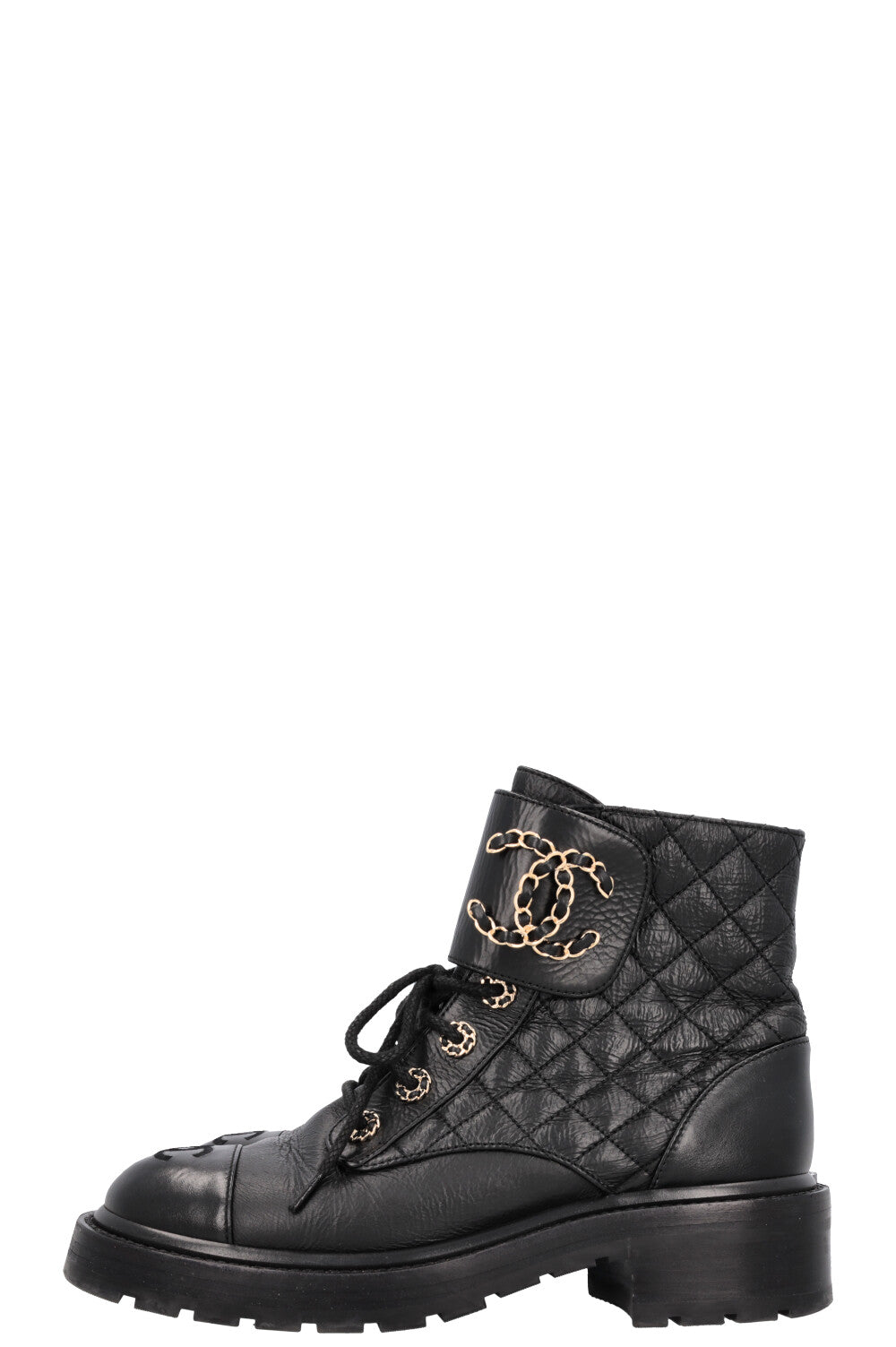 CHANEL CC Lace Up Combat Boots Black