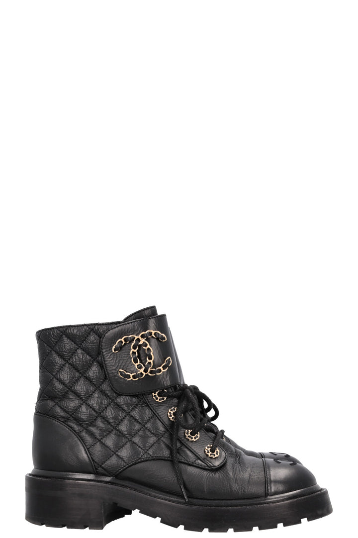 CHANEL CC Lace Up Combat Boots Black