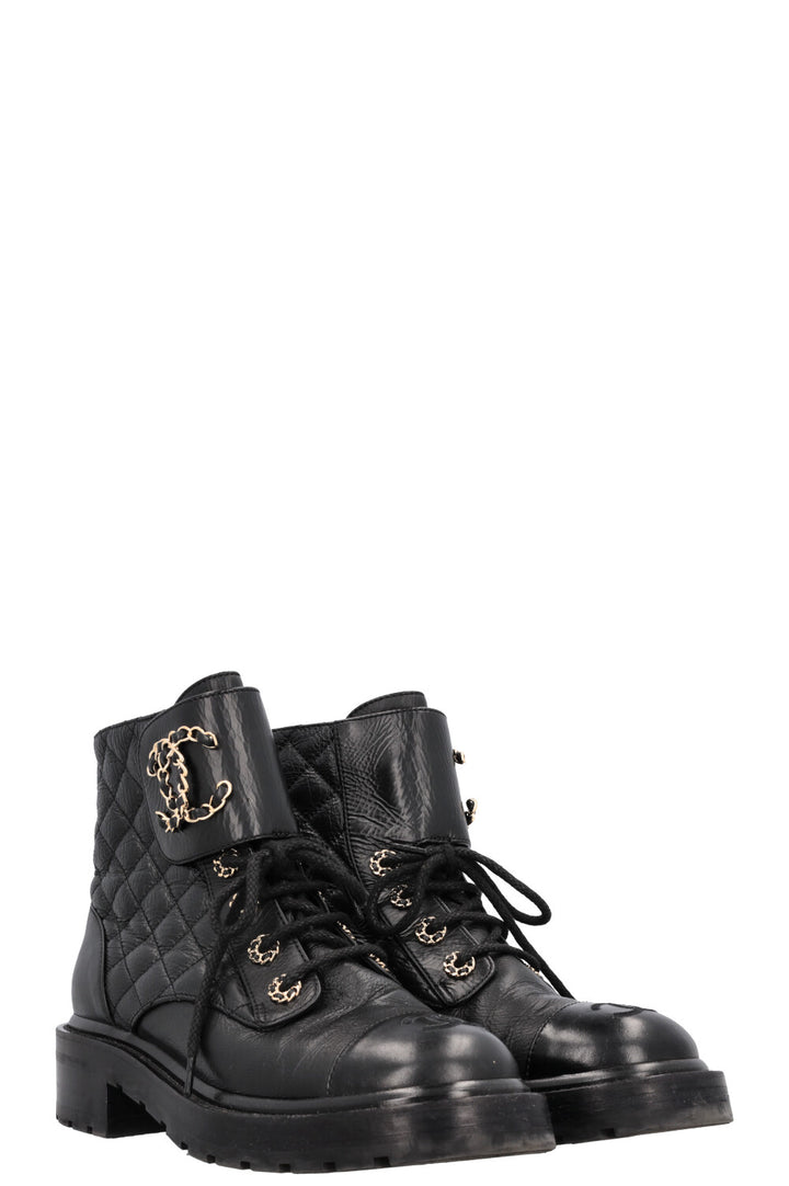 CHANEL CC Lace Up Combat Boots Black