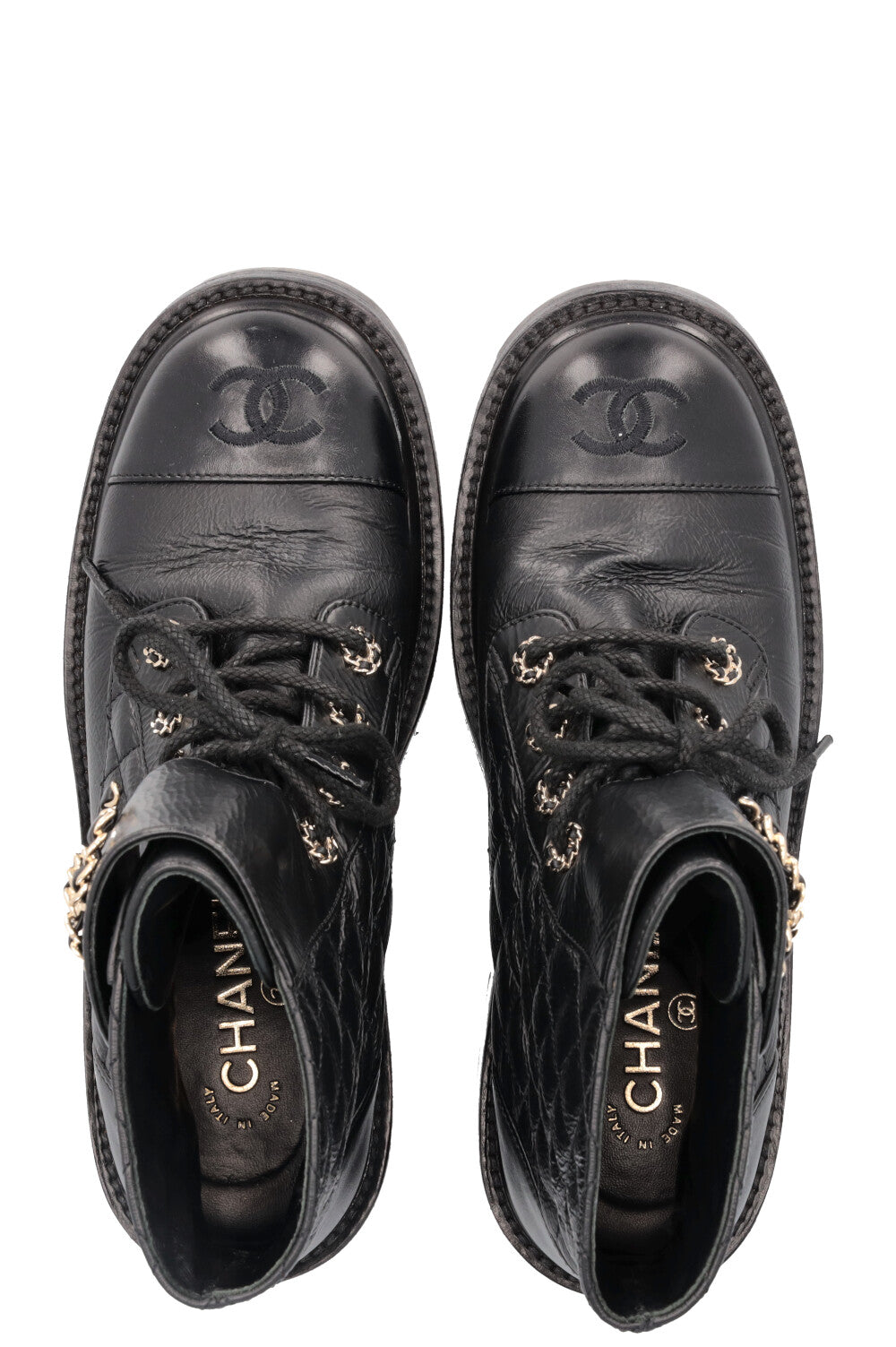 CHANEL CC Lace Up Combat Boots Black