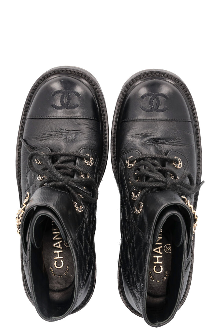 CHANEL CC Lace Up Combat Boots Black