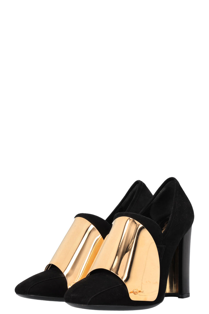 YSL Cardinal 105 Loafer Heels Suede Black Gold
