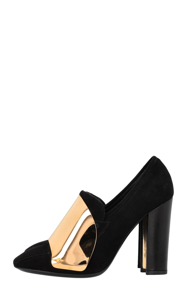 YSL Cardinal 105 Loafer Heels Suede Black Gold