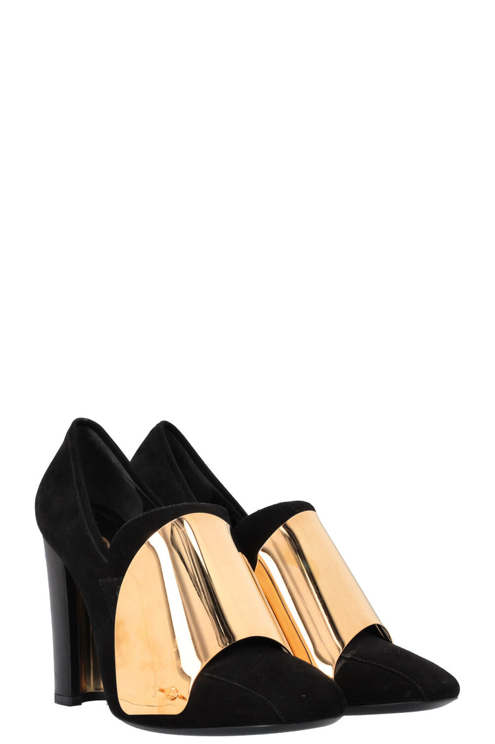 YSL Cardinal 105 Loafer Heels Suede Black Gold