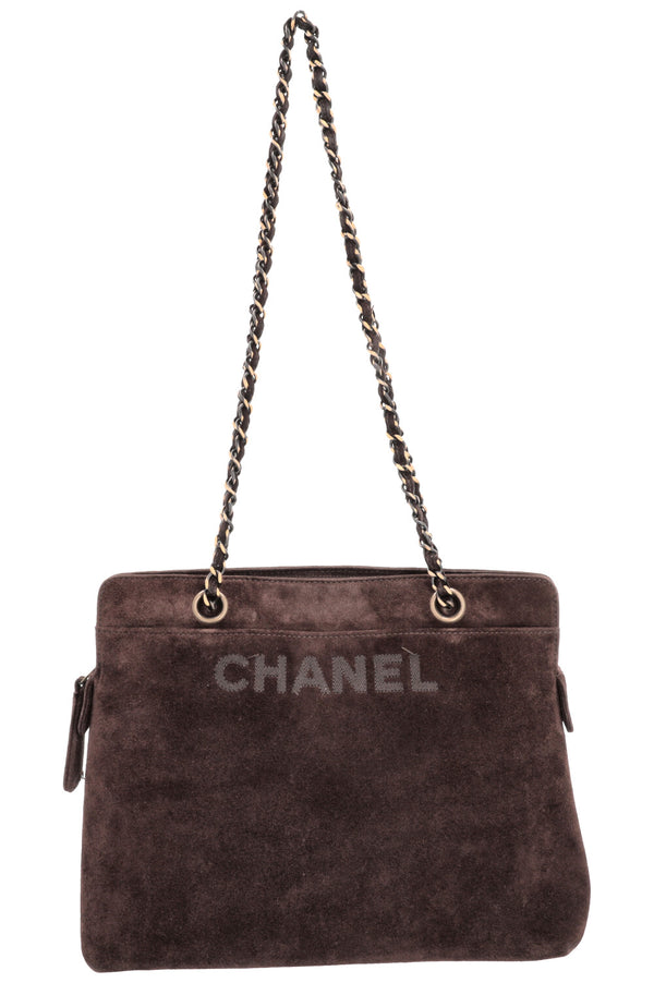 CHANEL Logo Tote Bag Suede Brown