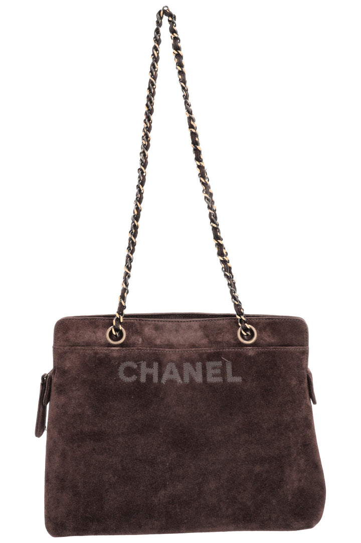 CHANEL Logo Tote Bag Suede Brown