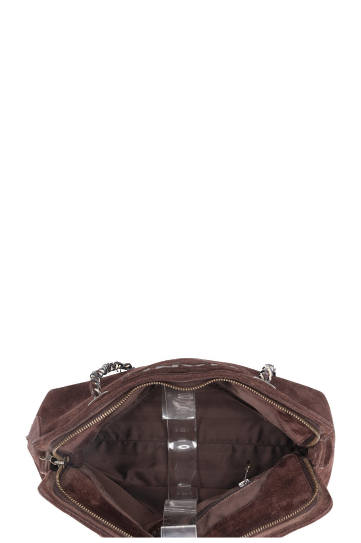 CHANEL Logo Tote Bag Suede Brown