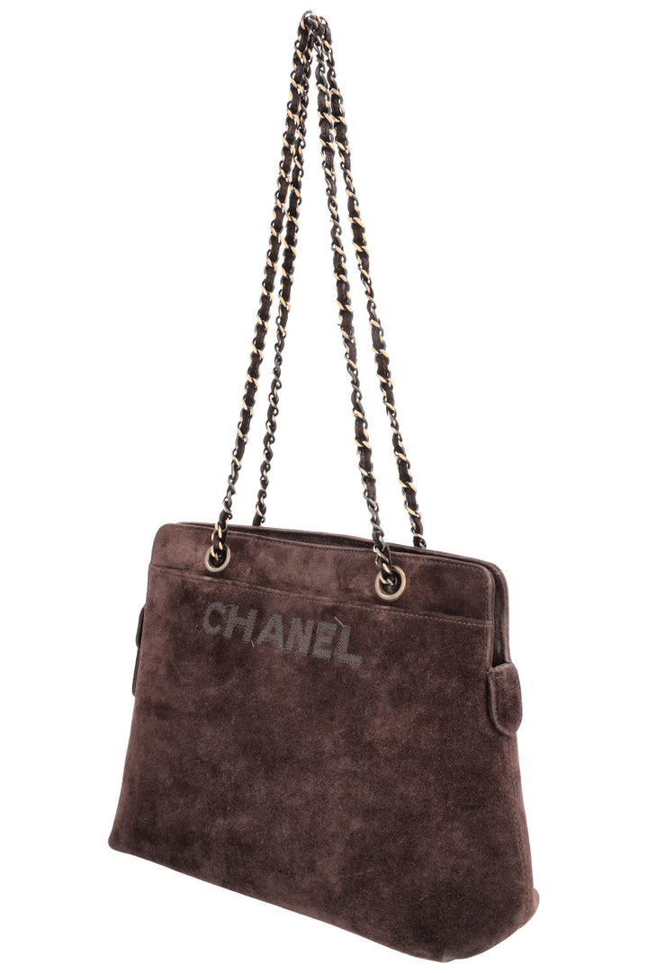 CHANEL Logo Tote Bag Suede Brown