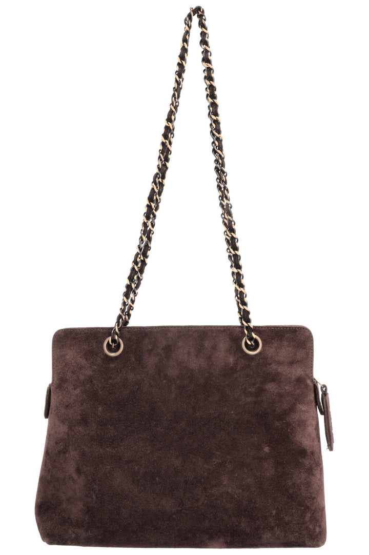 CHANEL Logo Tote Bag Suede Brown