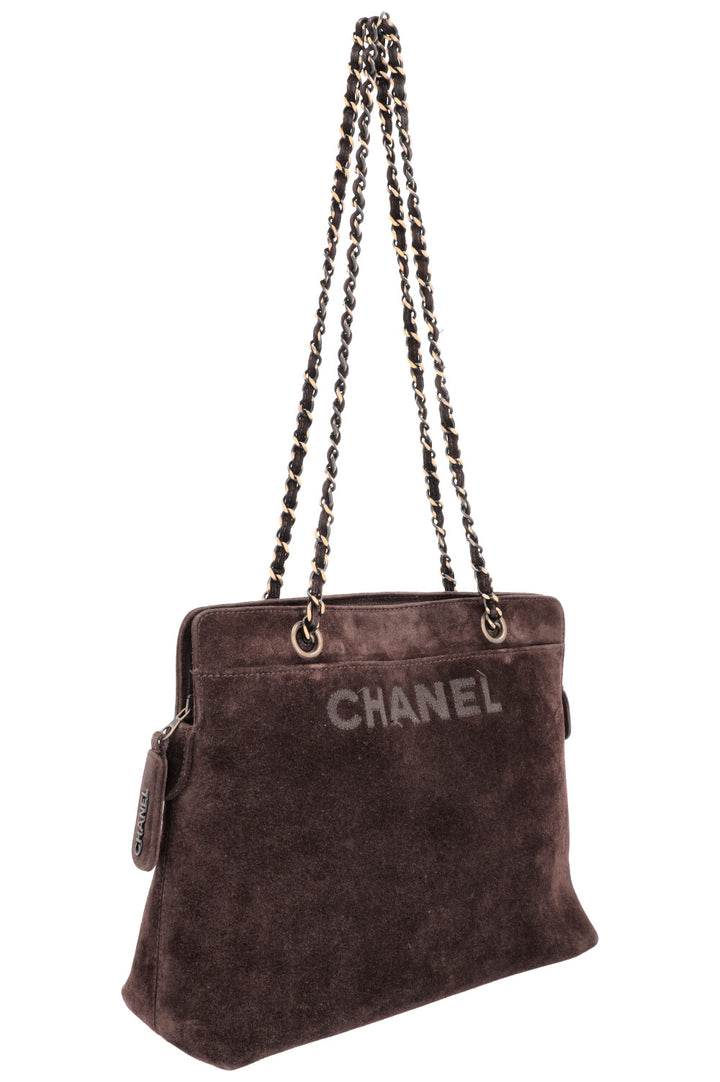 CHANEL Logo Tote Bag Suede Brown