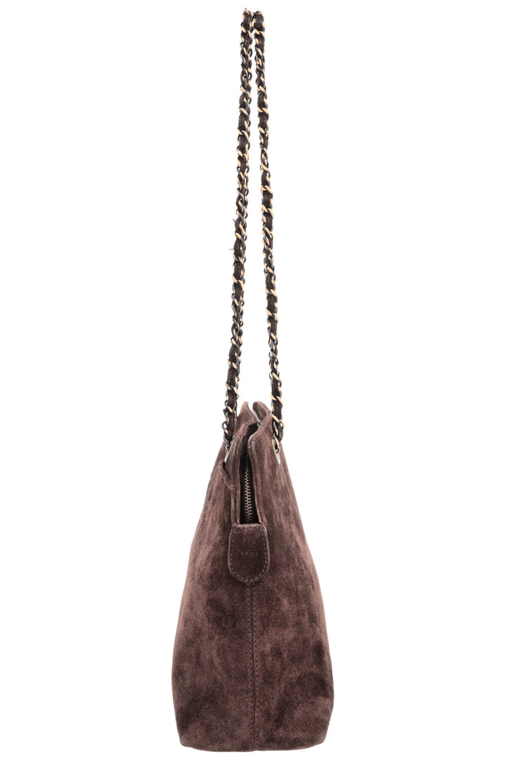 CHANEL Logo Tote Bag Suede Brown