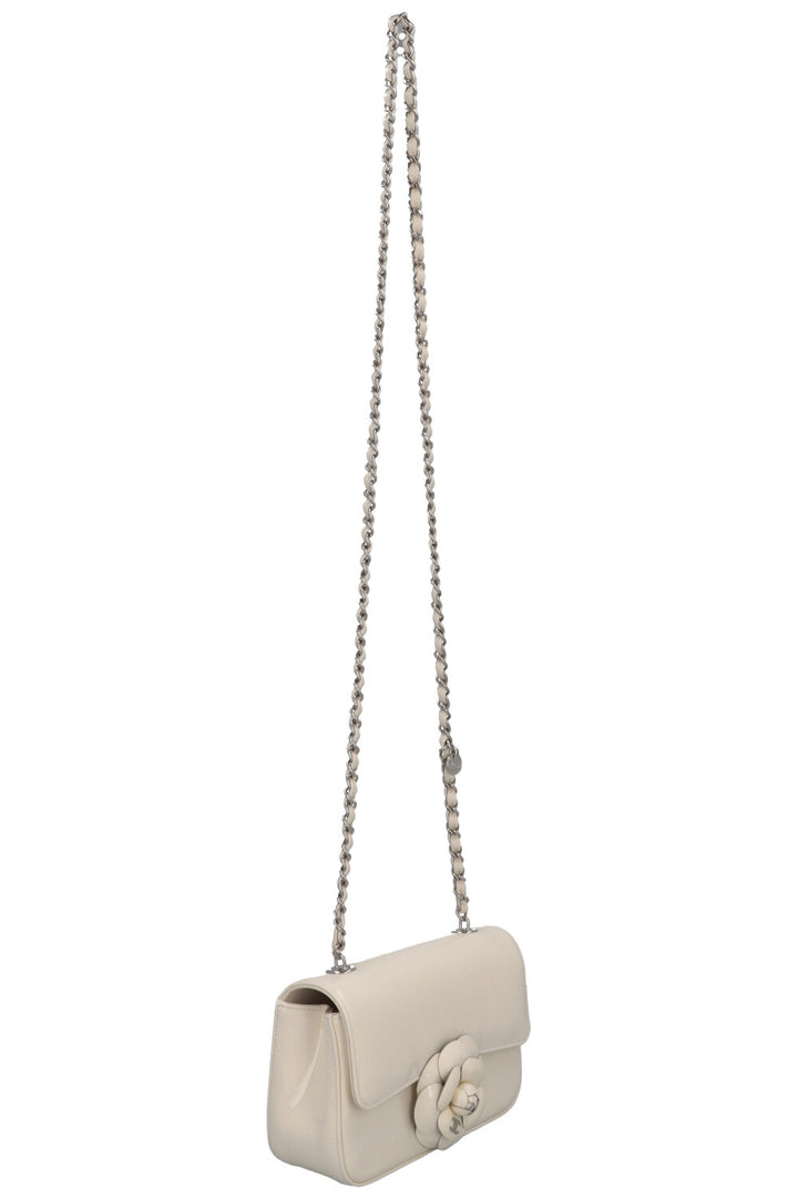CHANEL Camellia Flap Bag Patent White
