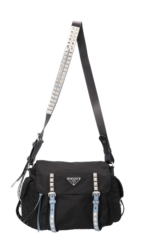 PRADA Nouveau sac bandoulière clouté Vela en nylon noir bleu