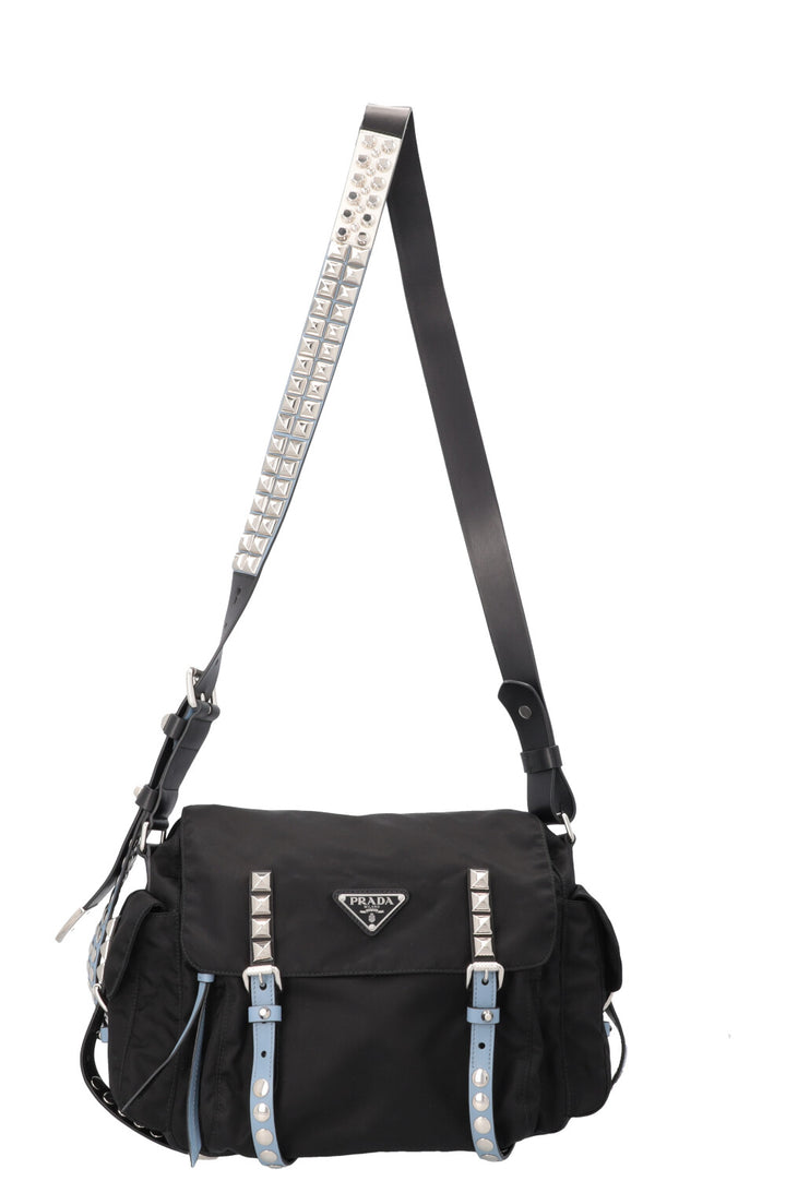 PRADA New Vela Studded Crossbody Bag Nylon Black Blue