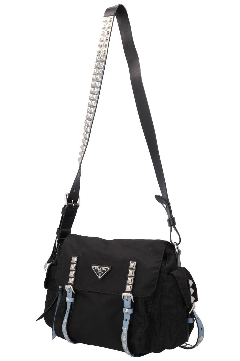 PRADA New Vela Studded Crossbody Bag Nylon Black Blue