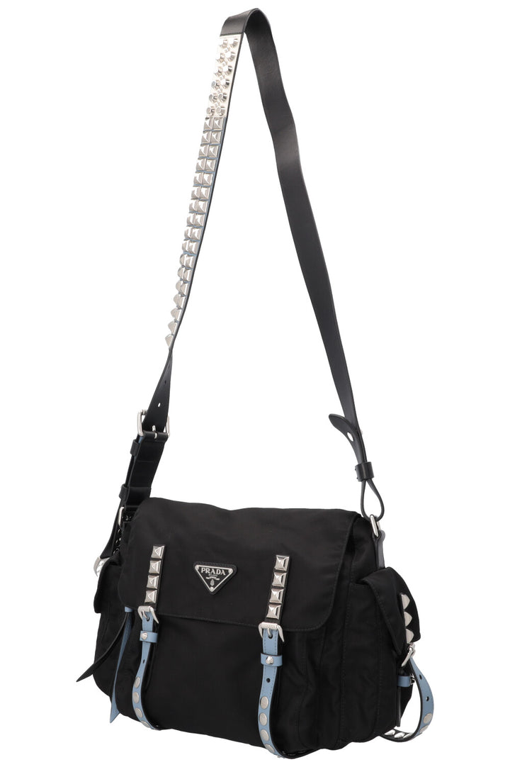 PRADA New Vela Studded Crossbody Bag Nylon Black Blue