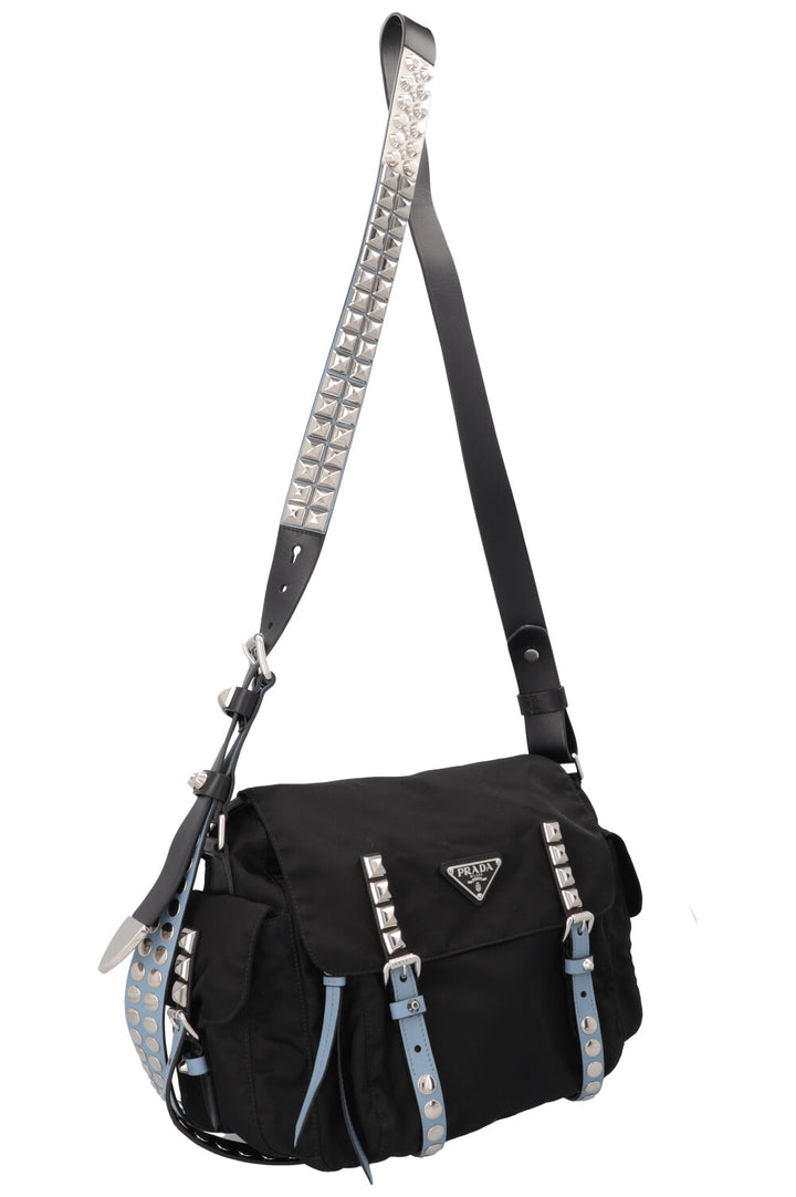 PRADA New Vela Studded Crossbody Bag Nylon Black Blue
