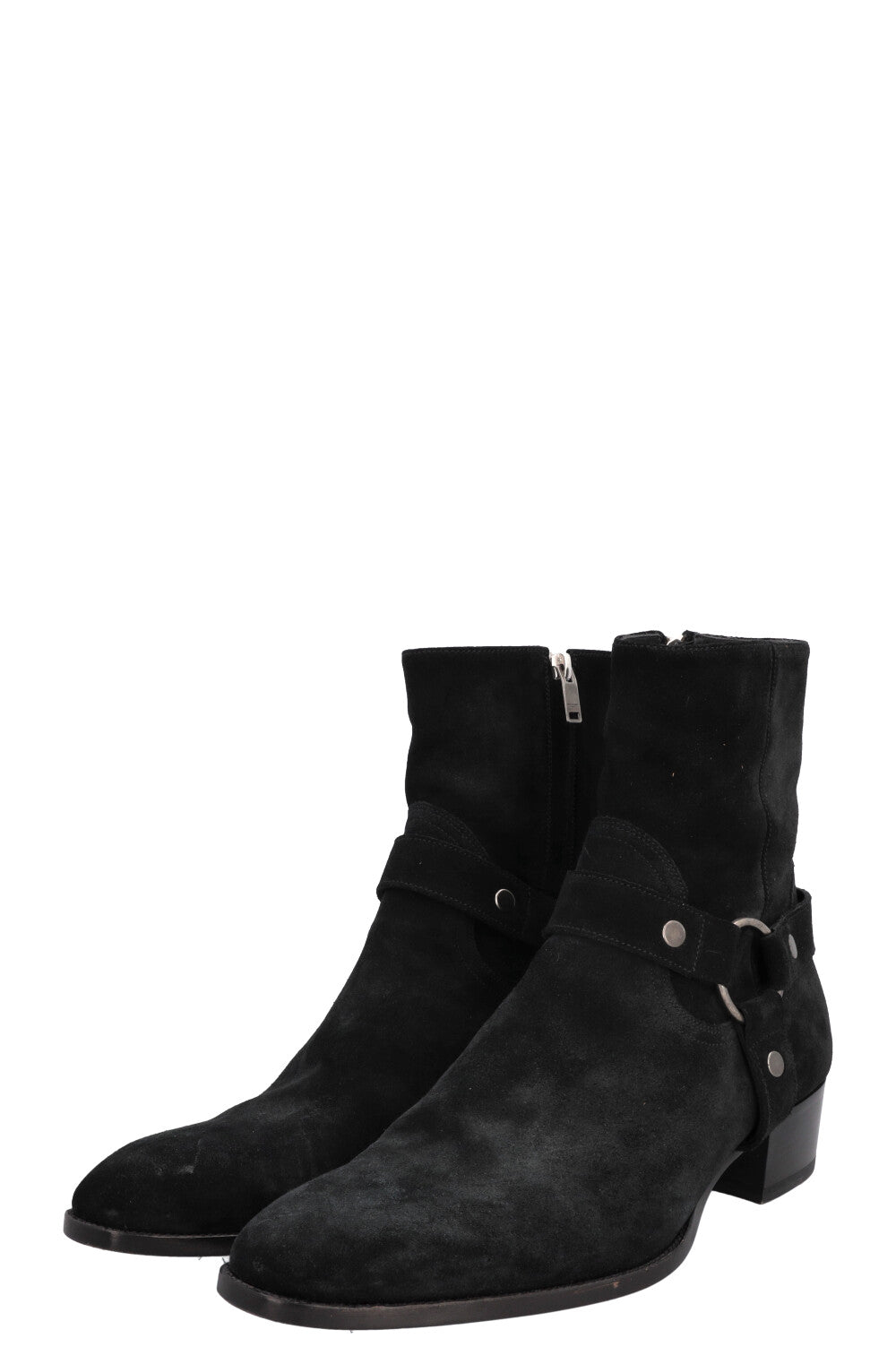SAINT LAURENT Wyatt Harness Ankle Boots Suede Black