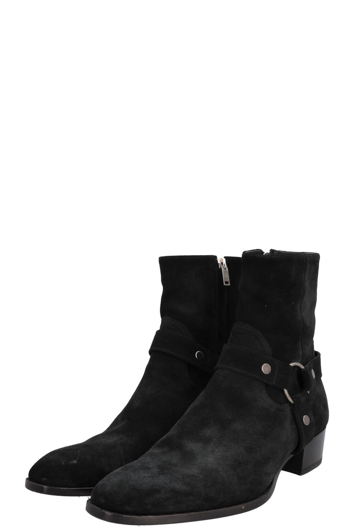SAINT LAURENT Wyatt Harness Ankle Boots Suede Black