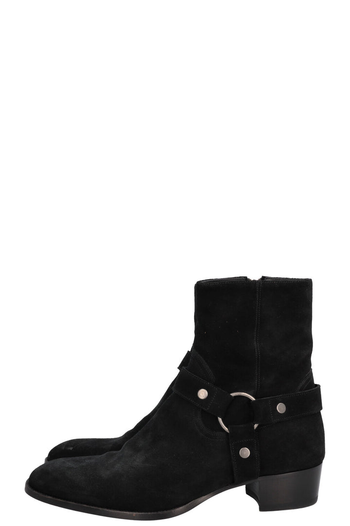 SAINT LAURENT Wyatt Harness Ankle Boots Suede Black