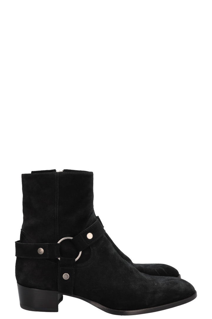 SAINT LAURENT Wyatt Harness Ankle Boots Suede Black