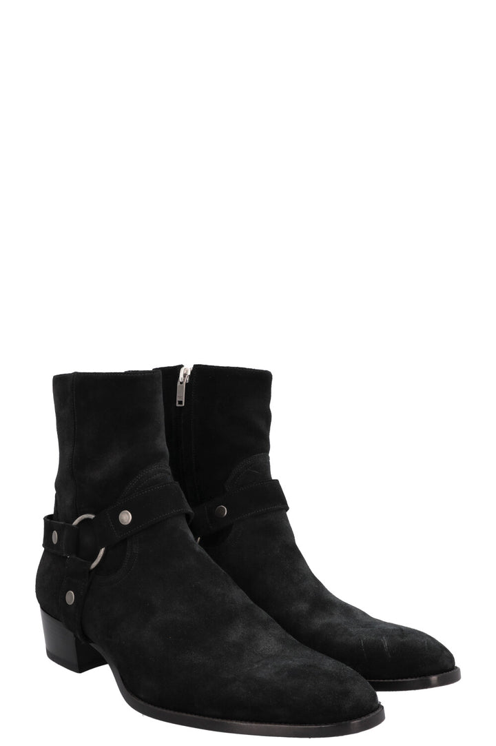 SAINT LAURENT Wyatt Harness Ankle Boots Suede Black