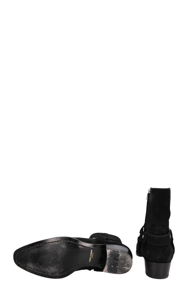 SAINT LAURENT Wyatt Harness Ankle Boots Suede Black