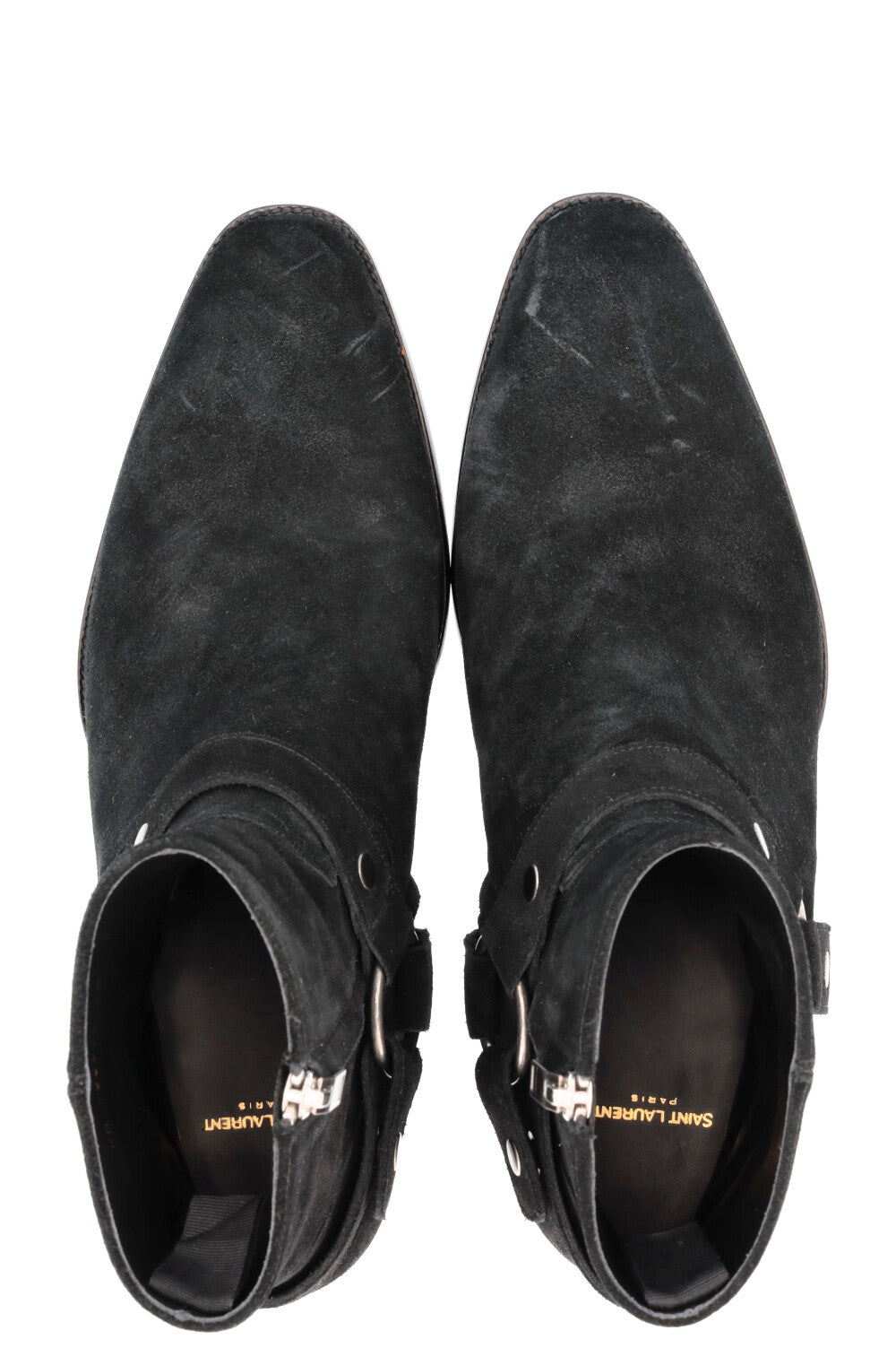 SAINT LAURENT Wyatt Harness Ankle Boots Suede Black
