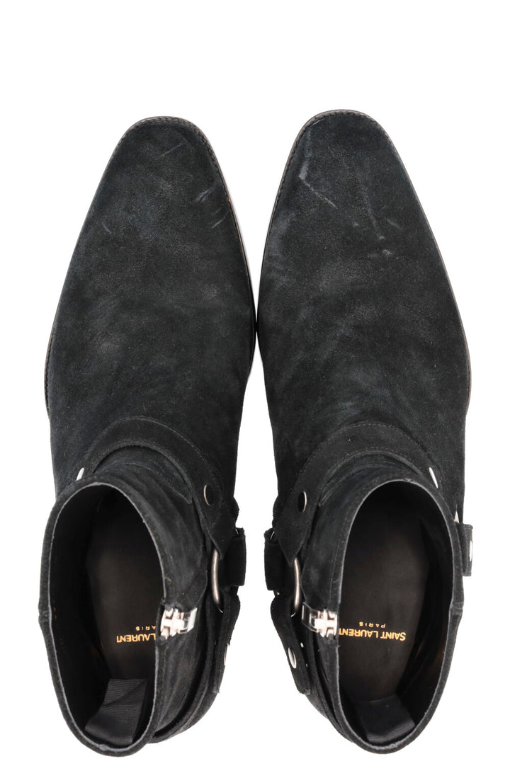 SAINT LAURENT Wyatt Harness Ankle Boots Suede Black