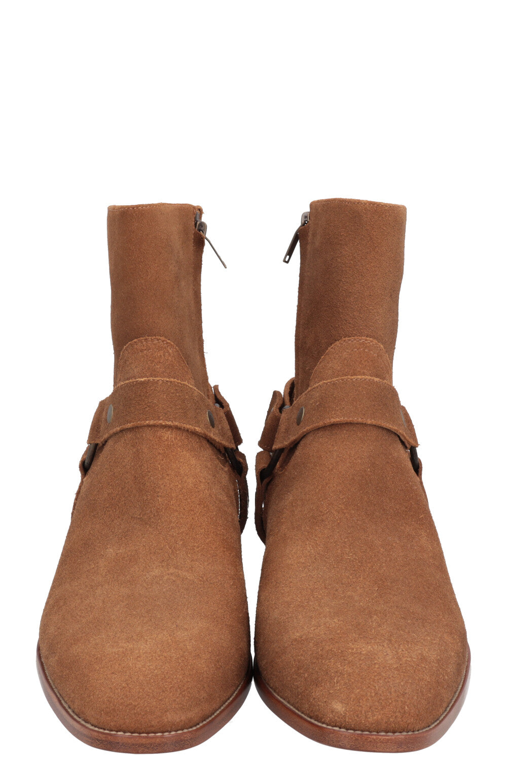 SAINT LAURENT Wyatt Harness Ankle Boots Suede Beige
