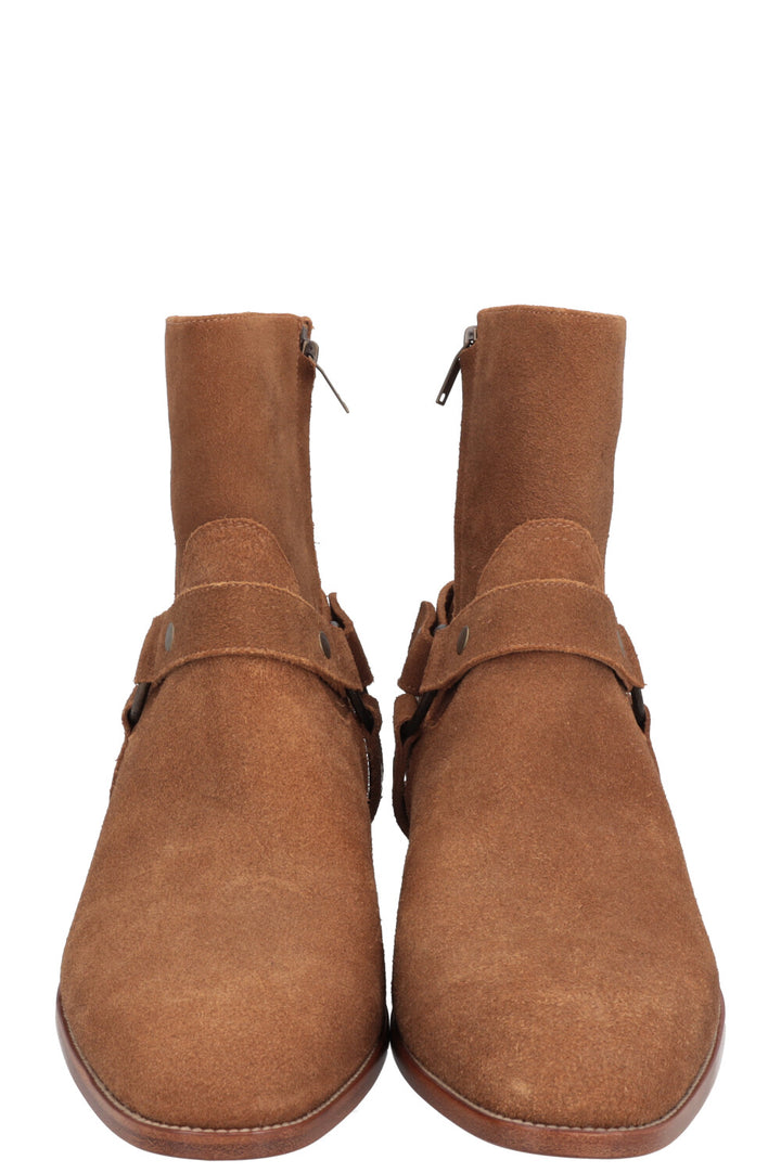 SAINT LAURENT Wyatt Harness Ankle Boots Suede Beige