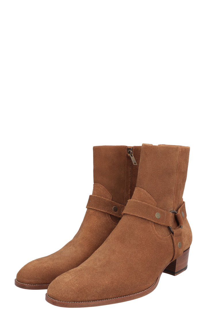 SAINT LAURENT Wyatt Harness Ankle Boots Suede Beige