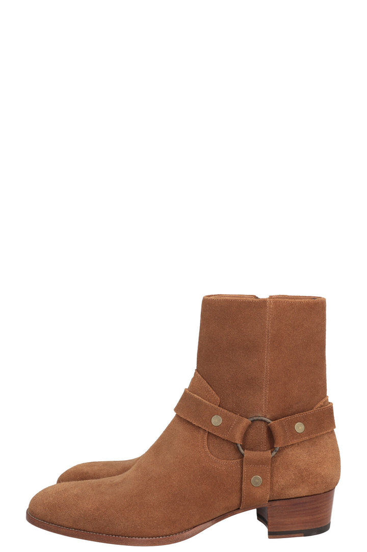 SAINT LAURENT Wyatt Harness Ankle Boots Suede Beige
